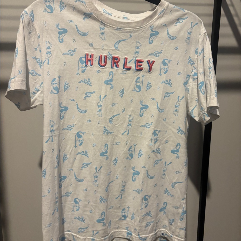 Hurley White Tee with Blue Mermaid Print